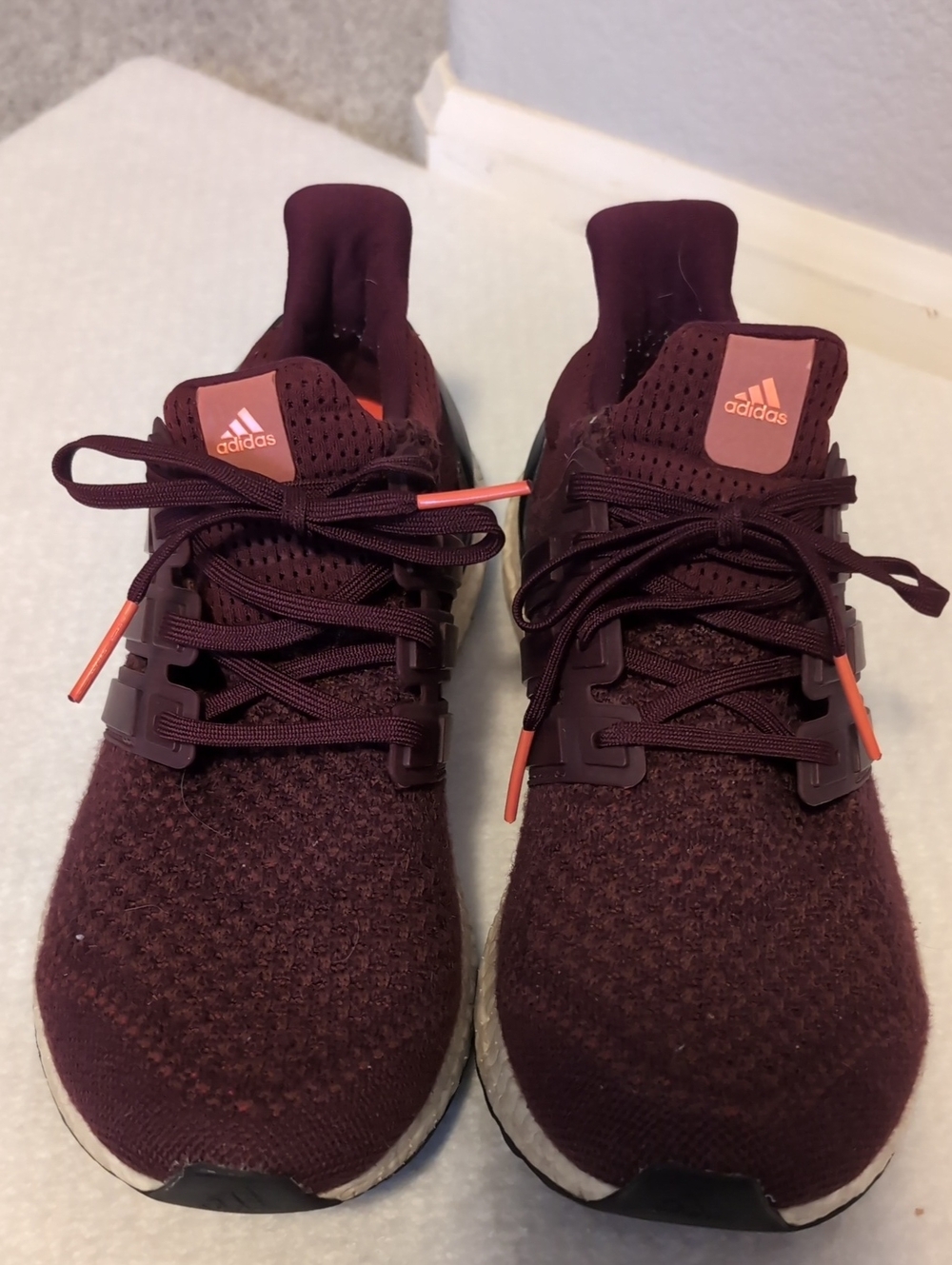 adidas Ultraboost Maroon Knit Lace-Up Sneakers with Orange Accents